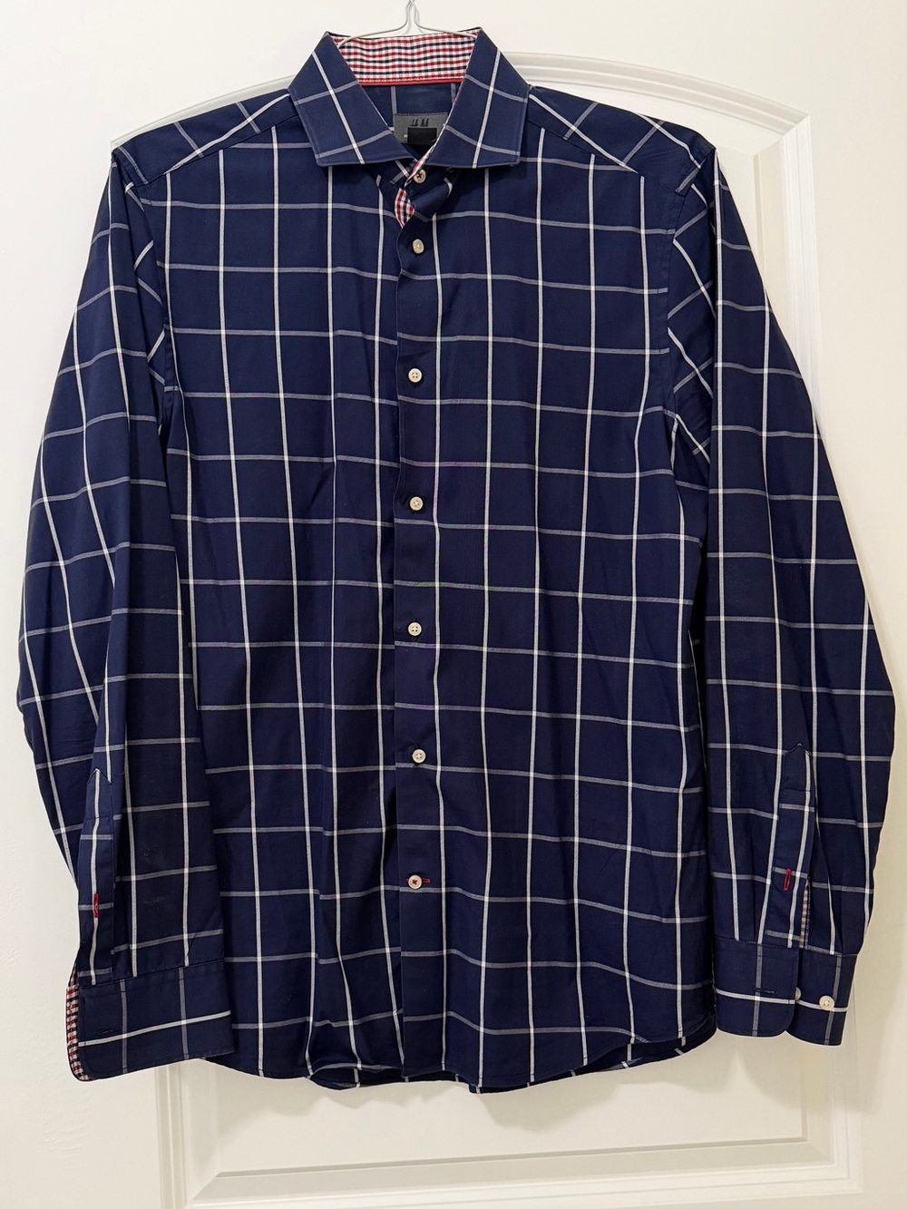 H&M Premium Cotton Button Up Shirt Men’s M Blue Windowpane Plaid Long Sleeve